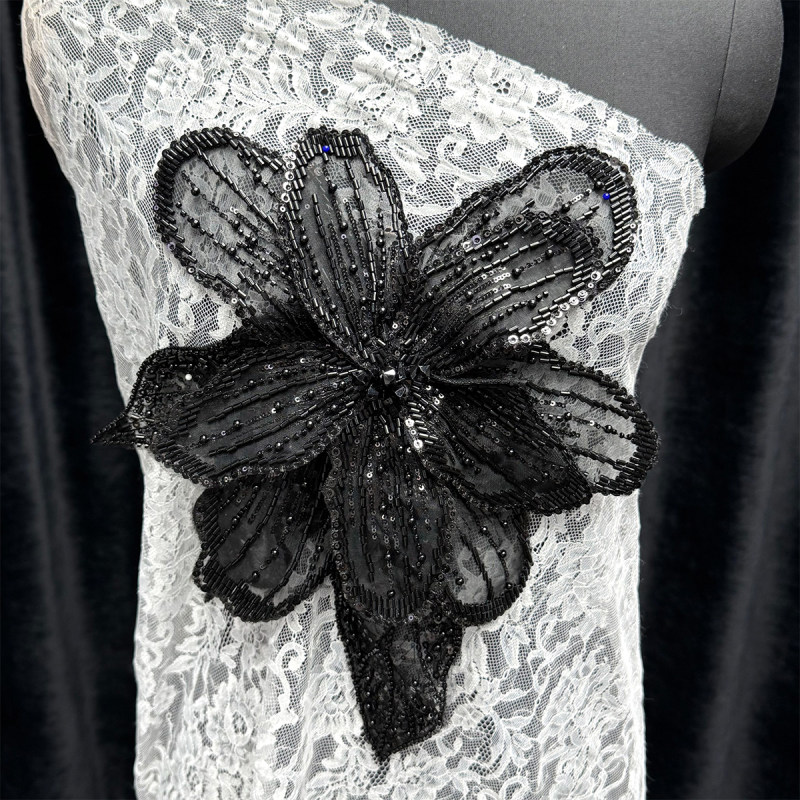 GCW-DH005 Black Sequin Beaded Mesh Flower Applique for Bridal Dress
